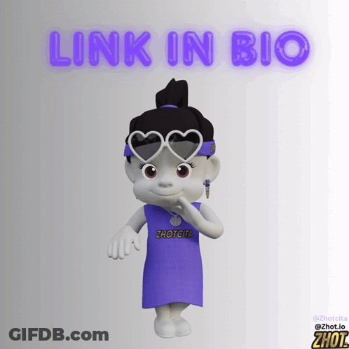 Cartoon Girl In Heart Sunglasses And Purple Dress Saying Link In Bio GIF