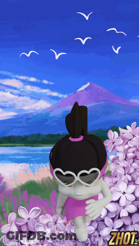 Cartoon Girl In Heart Sunglasses In Purple Flower Field GIF