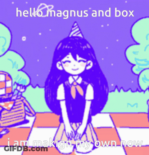 Cartoon Girl In Party Hat Saying Hello Magnus And Box I Am Makin My Own Now GIF