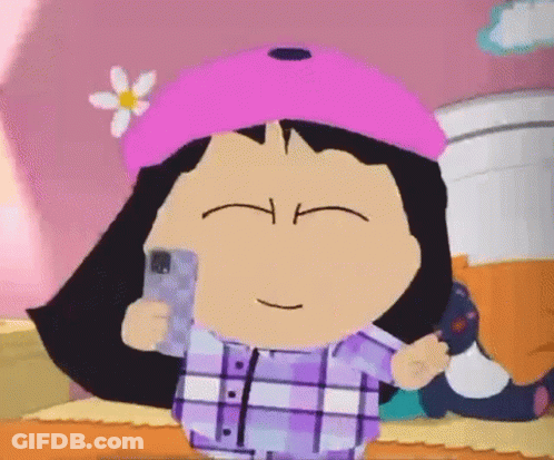 Cartoon Girl In Pink Hat And Plaid Shirt Taking Selfie GIF