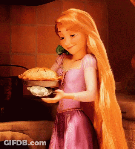 Cartoon Girl In Purple Dress Holding Pie GIF