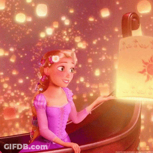 Cartoon Girl In Purple Dress Sitting In Boat With Lanterns GIF