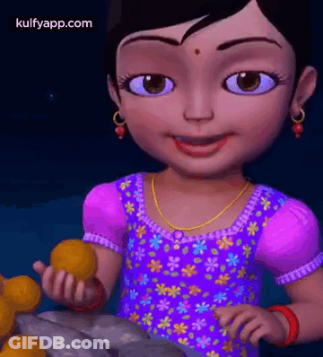 Cartoon Girl In Purple Dress Smiling Holding Lemons GIF