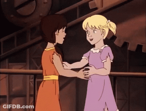 Cartoon Girl In Purple Dress Talking To Another Girl GIF
