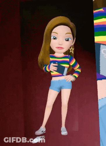 Cartoon Girl In Rainbow Striped Shirt And Shorts GIF