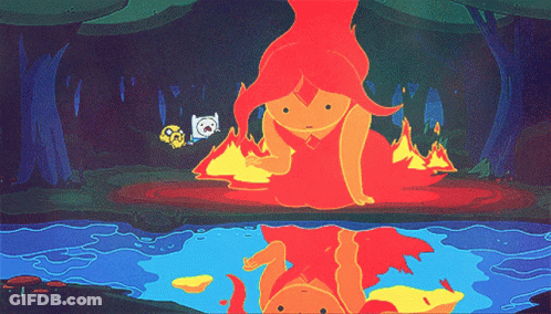 Cartoon Girl In Red Dress Sitting On Fire GIF