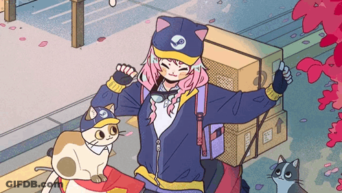 Cartoon Girl In Steam Hat With Cat GIF