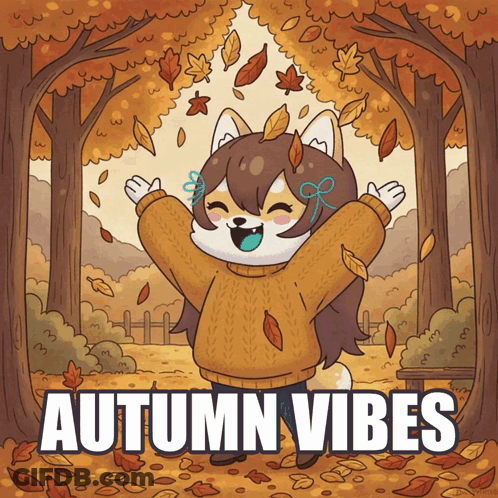 Cartoon Girl In Sweater Throwing Leaves Autumn Vibes GIF