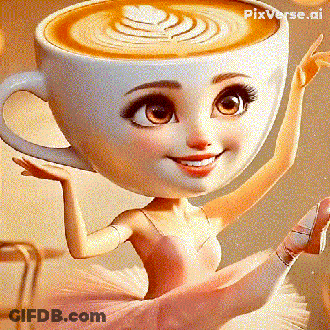 Cartoon Girl In Tutu Holding Cup Of Coffee GIF