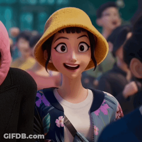 Cartoon Girl In Yellow Hat And Floral Jacket GIF