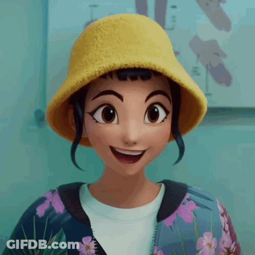 Cartoon Girl In Yellow Hat And Purple Jacket GIF