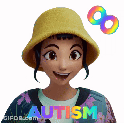 Cartoon Girl In Yellow Hat And Purple Jacket With Word Autism GIF