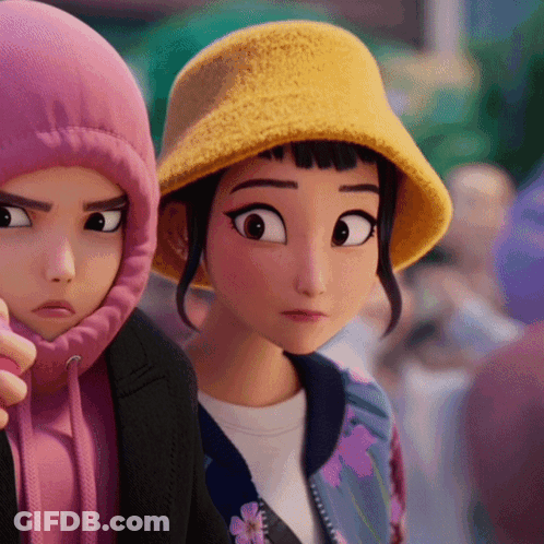 Cartoon Girl In Yellow Hat Next To Girl In Pink Hoodie GIF