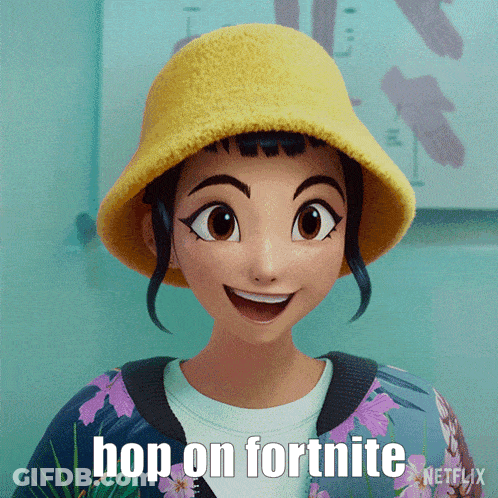 Cartoon Girl In Yellow Hat Saying Hop On Fortnite GIF