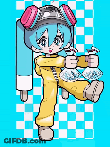 Cartoon Girl In Yellow Jumpsuit Holding Pills GIF