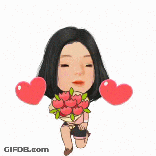 Cartoon Girl Kneeling Holding Bouquet With Flying Hearts GIF
