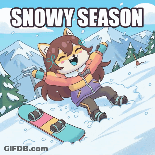 Cartoon Girl Laying On Snowboard Snowy Season GIF