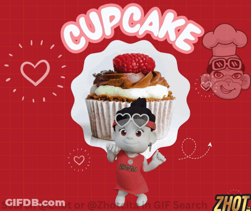 Cartoon Girl Looking At Cupcake With Word Cupcake GIF