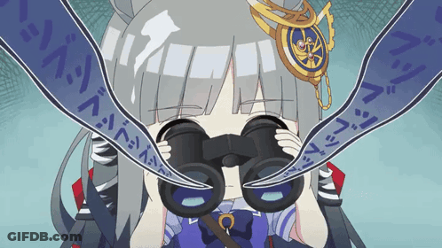 Cartoon Girl Looking Through Binoculars With Chinese Writing GIF