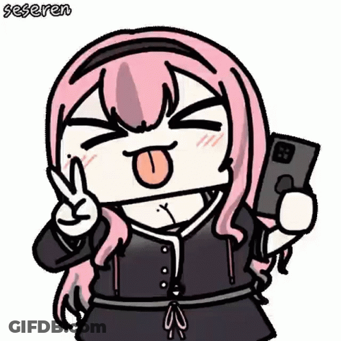 Cartoon Girl Making Peace Sign Holding Cell Phone GIF