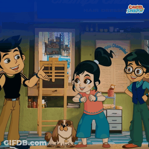 Cartoon Girl Next To Boy And Dog With Chiquita Sign GIF