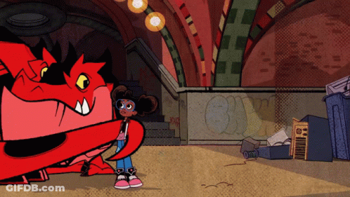 Cartoon Girl Next To Red Graffiti Monster GIF