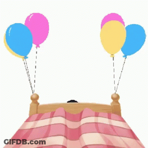 Cartoon Girl On Bed With Balloons Saying It's Your Birthday GIF