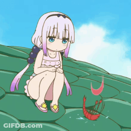 Cartoon Girl On Leaf Looking At Shrimp GIF