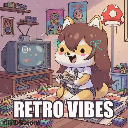 Cartoon Girl Playing Video Game Retro Vibes GIF