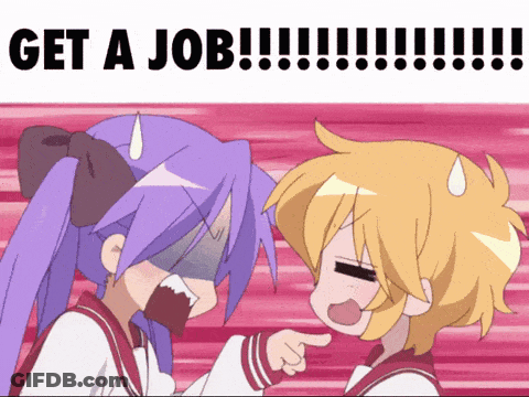 Cartoon Girl Pointing At Another Saying Get A Job GIF
