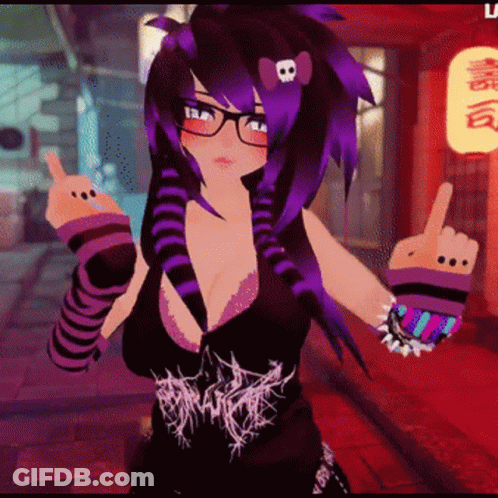 Cartoon Girl Purple Hair Glasses Middle Finger GIF