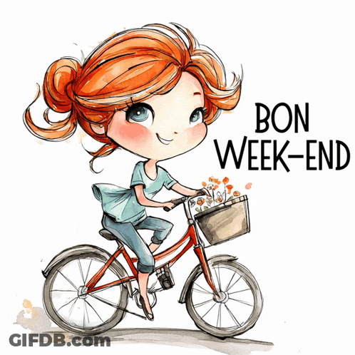 Cartoon Girl Riding Bike Bon Week-End GIF