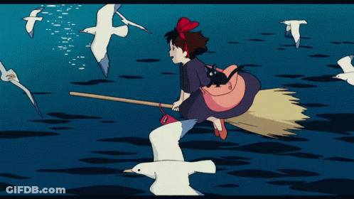 Cartoon Girl Riding Broom In Ocean GIF