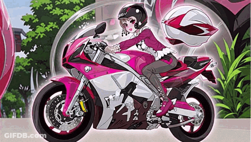 Cartoon Girl Riding Pink Motorcycle GIF