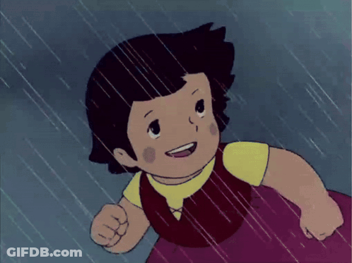 Cartoon Girl Running In Rain With Fist Up GIF
