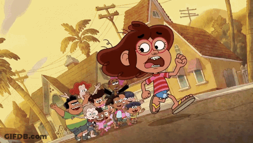 Cartoon Girl Running With Kids GIF
