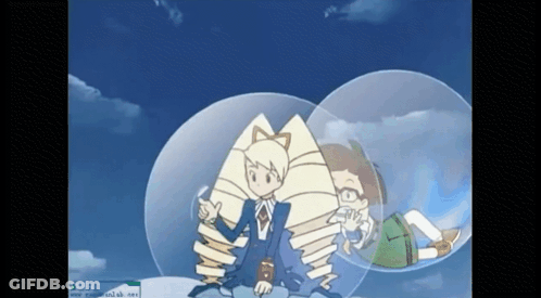 Cartoon Girl Sitting In Bubble With Man Laying On Ground GIF