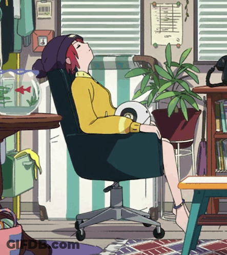 Cartoon Girl Sitting In Chair With Fish Bowl GIF