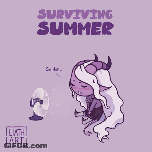 Cartoon Girl Sitting In Front Of Fan Surviving Summer GIF