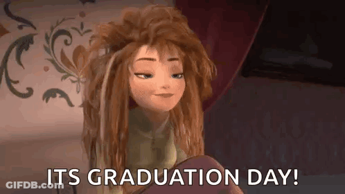 Cartoon Girl Sitting On Bed Saying Its Graduation Day GIF