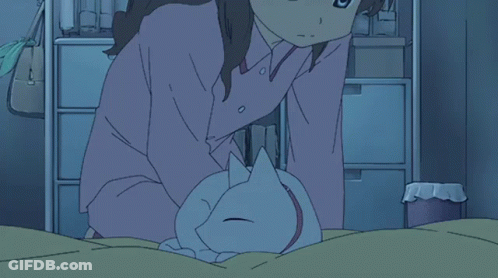 Cartoon Girl Sitting On Bed With Sleeping Cat GIF