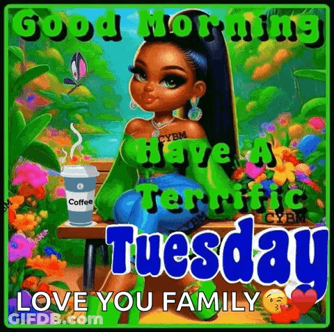 Cartoon Girl Sitting On Bench With Coffee And Flowers GIF