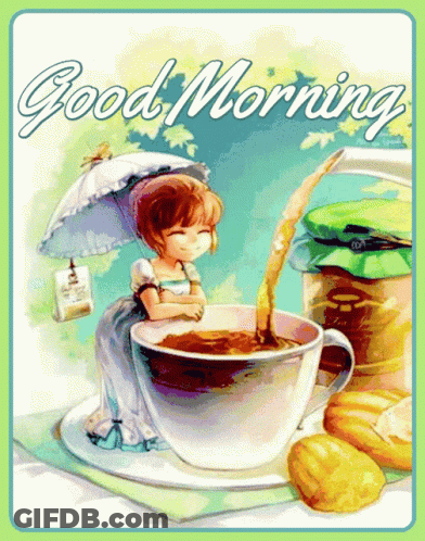 Cartoon Girl Sitting On Coffee Cup Saying Good Morning GIF