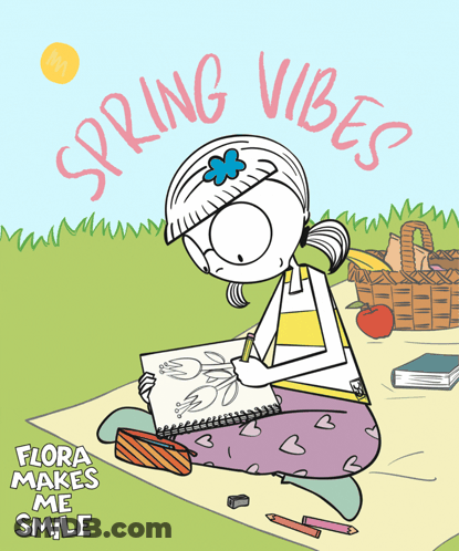 Cartoon Girl Sitting On Picnic Blanket Spring Vibes GIF