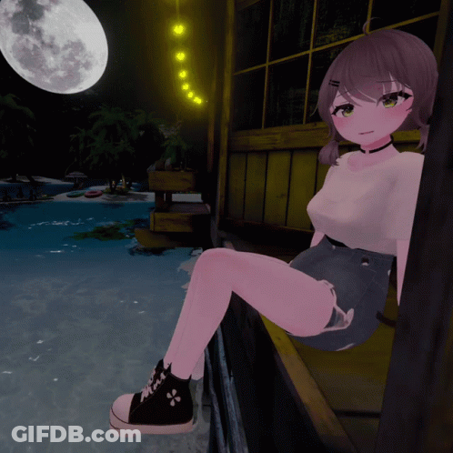 Cartoon Girl Sitting On Railing Overlooking Water GIF