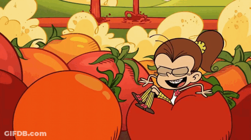 Cartoon Girl Sitting On Tomato Holding Glass GIF