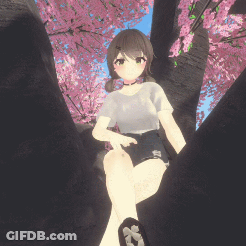 Cartoon Girl Sitting Under Tree With Pink Flowers GIF