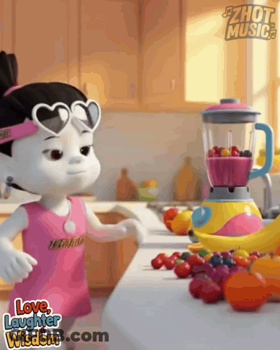 Cartoon Girl Standing In Front Of Blender Saying Love Laughter Wisdom GIF