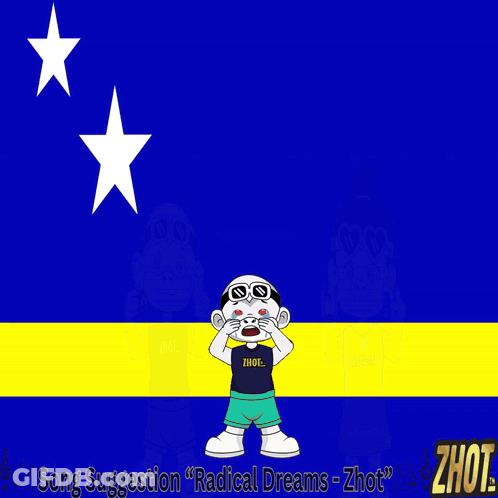 Cartoon Girl Standing In Front Of Blue And Yellow Flag Saying Radical Dreams GIF