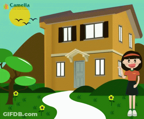 Cartoon Girl Standing In Front Of House With Camellia Logo GIF
